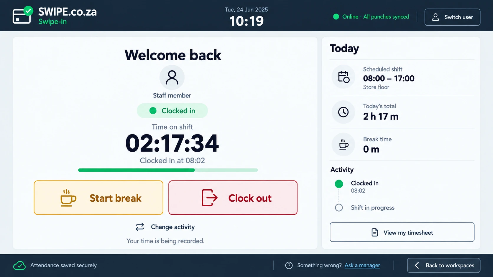 Swipe-In shift screen showing clocked-in time, a scheduled shift, break controls and attendance activity