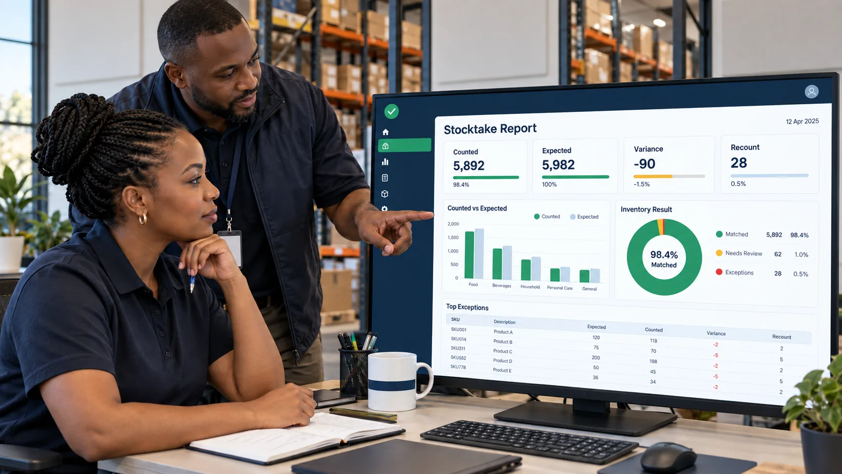 A stocktake supervisor and retail manager reviewing counted stock, expected stock, variances and recounts