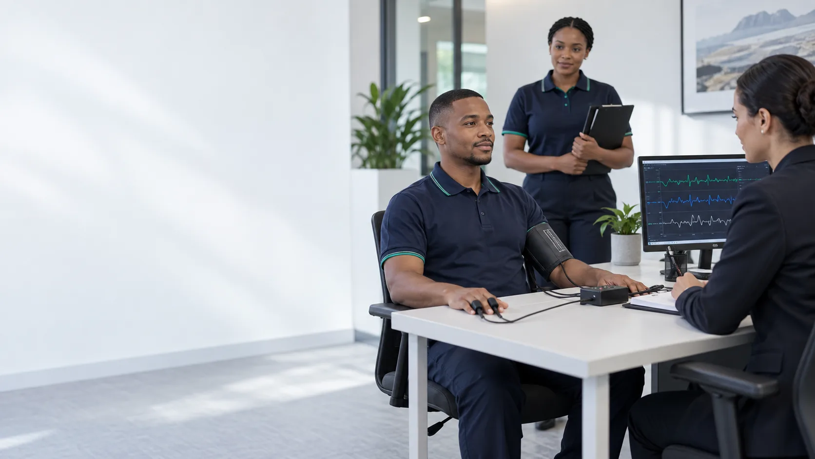 A stocktake employee completing a professional polygraph screening with a supervisor present
