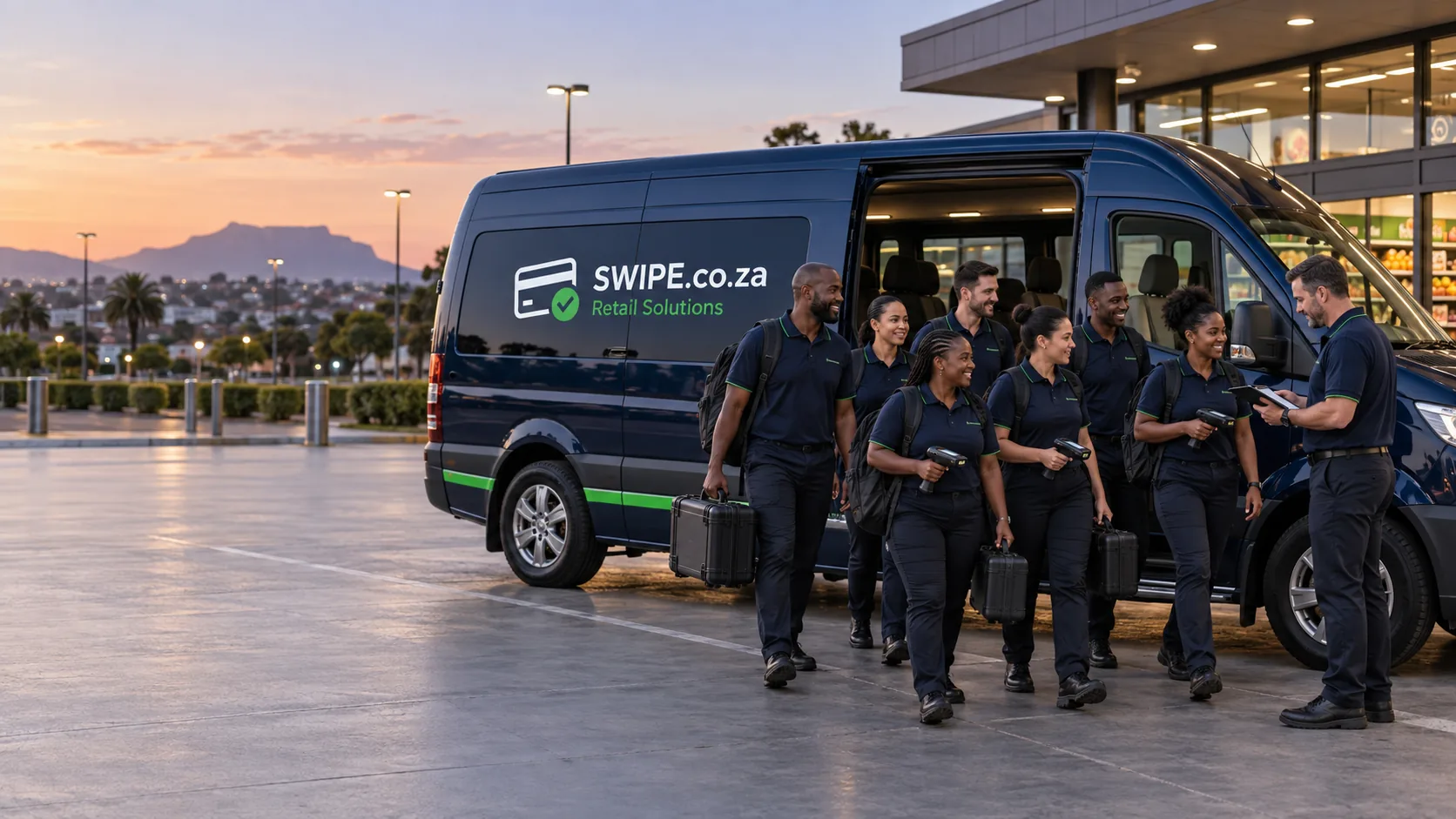 A Swipe.co.za minibus bringing a coordinated stocktake team and handheld equipment to a retail store