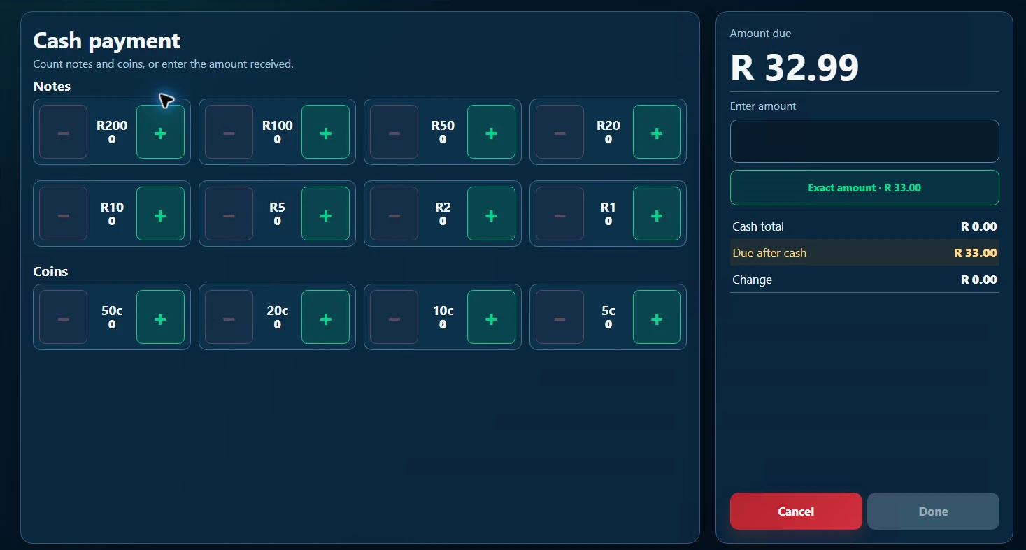 Swipe-Till cash counting screen with note and coin denominations