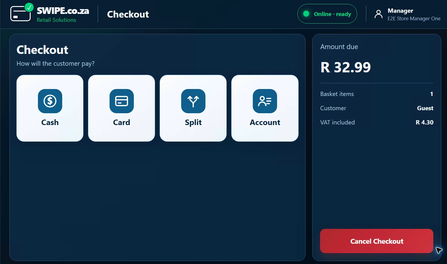 Swipe-Till checkout screen offering cash, card, split and account payments